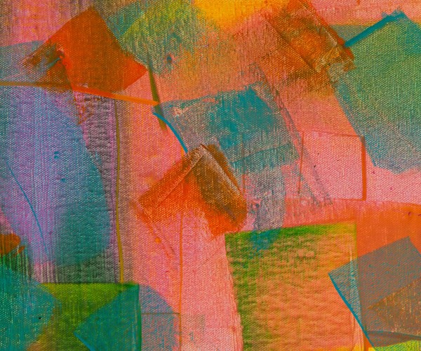 Bold abstract art piece featuring colorful textured patterns and dynamic shapes.